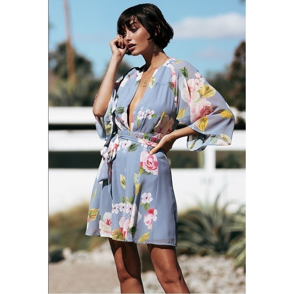 Anthropologie Light Blue Floral Mini Dress